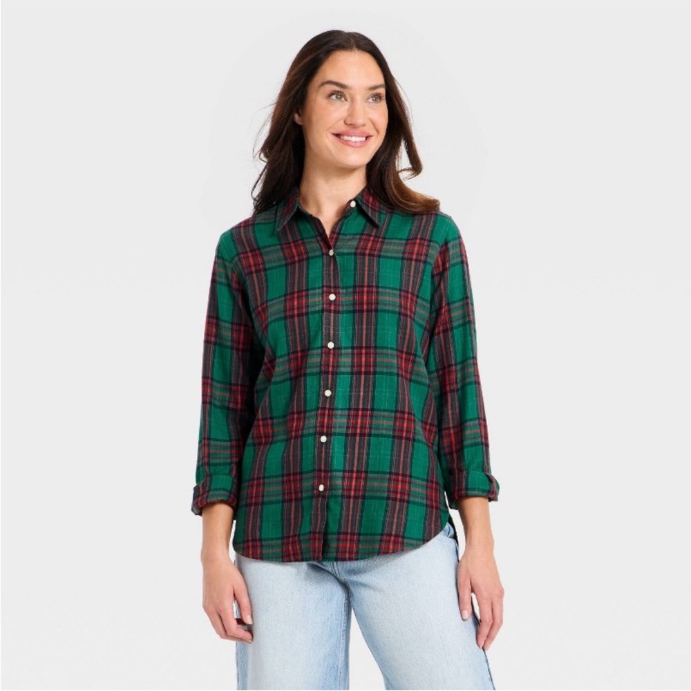 Women's Long Sleeve Collared Flannel Button-Down Shirt - Green Plaid XS NWT - Picture 2 of 7